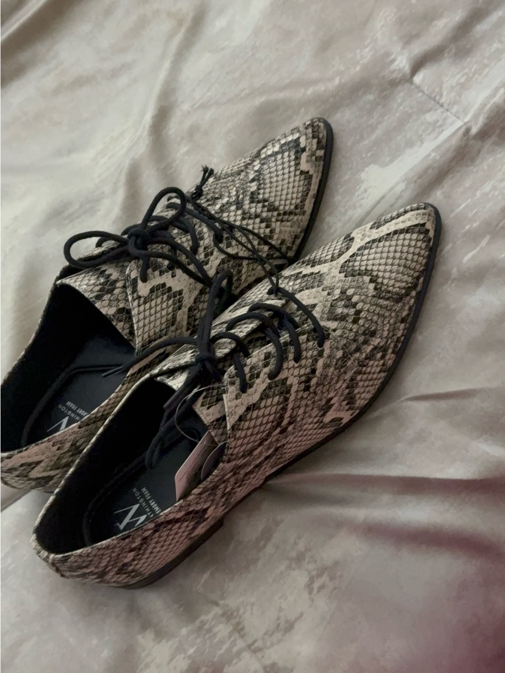 Worthington Snake-Print Lace-Up Flats in Black & Cream